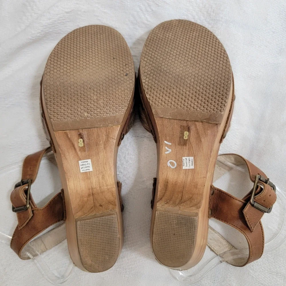 Five Worlds Womens 8 Brown Calf Hair Spotted Wood Wedge Platform‎ Clog Sandals